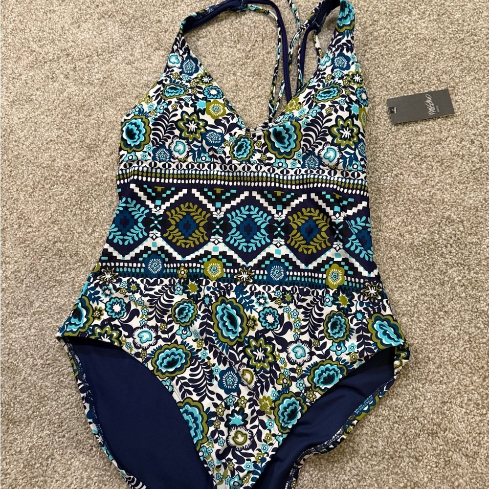 Mossimo Supply Co. Blue and Green Floral One Piece Swimsuit
